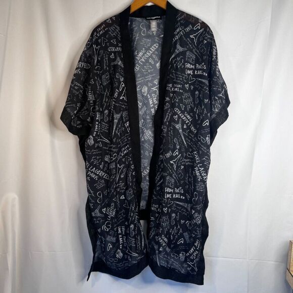 Karl Lagerfeld Paris Navy Blue Open Front Logo Graffiti Kimono Size OS - Picture 7 of 9